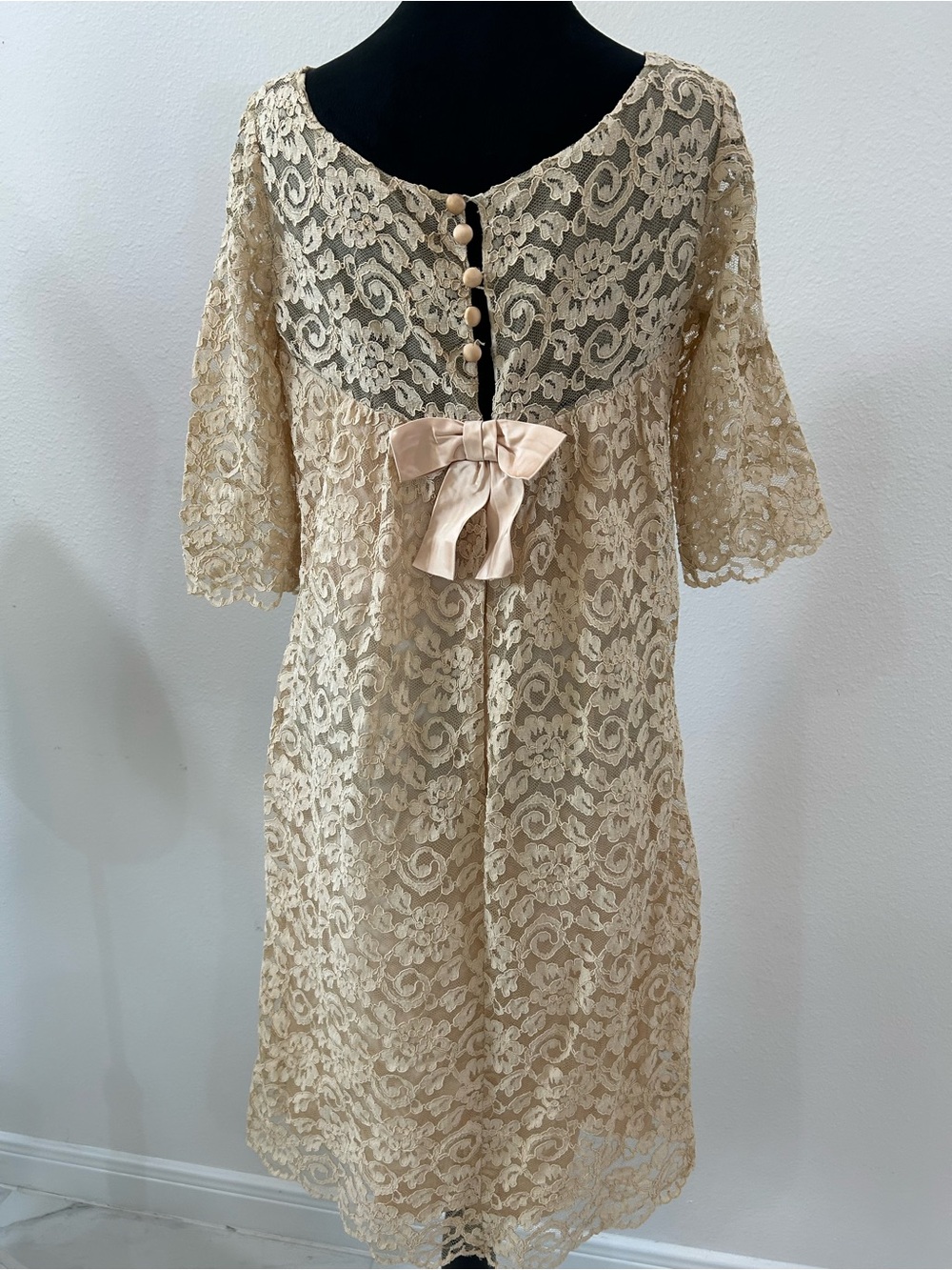 B. Altman & Co. 50’s and 60’s Vintage Lace Dress in Cream with Bow Detail